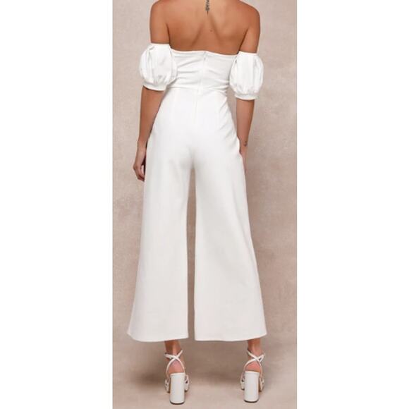 LULU'S S White Impress Release Off-the-Shoulder Puff Sleeve Jumpsuit NEW B95 - Picture 2 of 12
